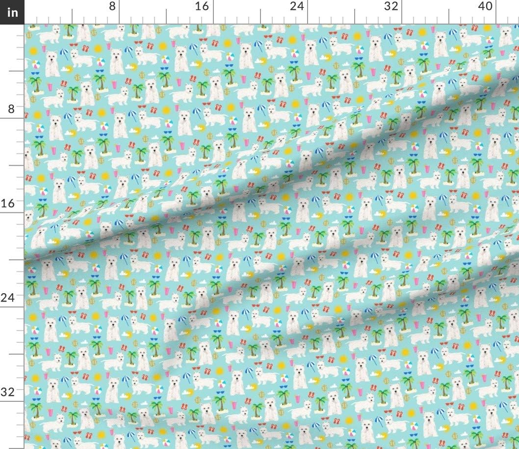 Spoonflower Fabric - Westie Dogs Beach Summer Tropical Light Blue Dog West Highland Terrier Printed on Cotton Poplin Fabric by The Yard - Sewing Shirting Quilting Dresses Apparel Crafts
