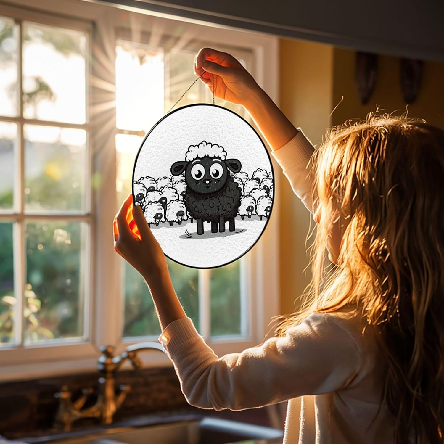 Stained Glass Window Hanging 12in Window Suncatcher Glass Panel with Metal Chain Cartoon Black White Sheep Sun Catchers Wall Art Home Decor Gift for Women Mother's Day