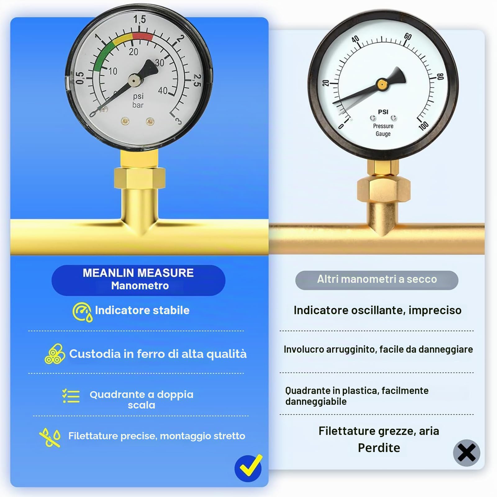 Manometro per acqua, 1/4 pollici, manometro di pressione per piscina, doppia scala, robusto alloggiamento in acciaio inox, facile da installare, durevole, versatile, per piscina, laghetti e