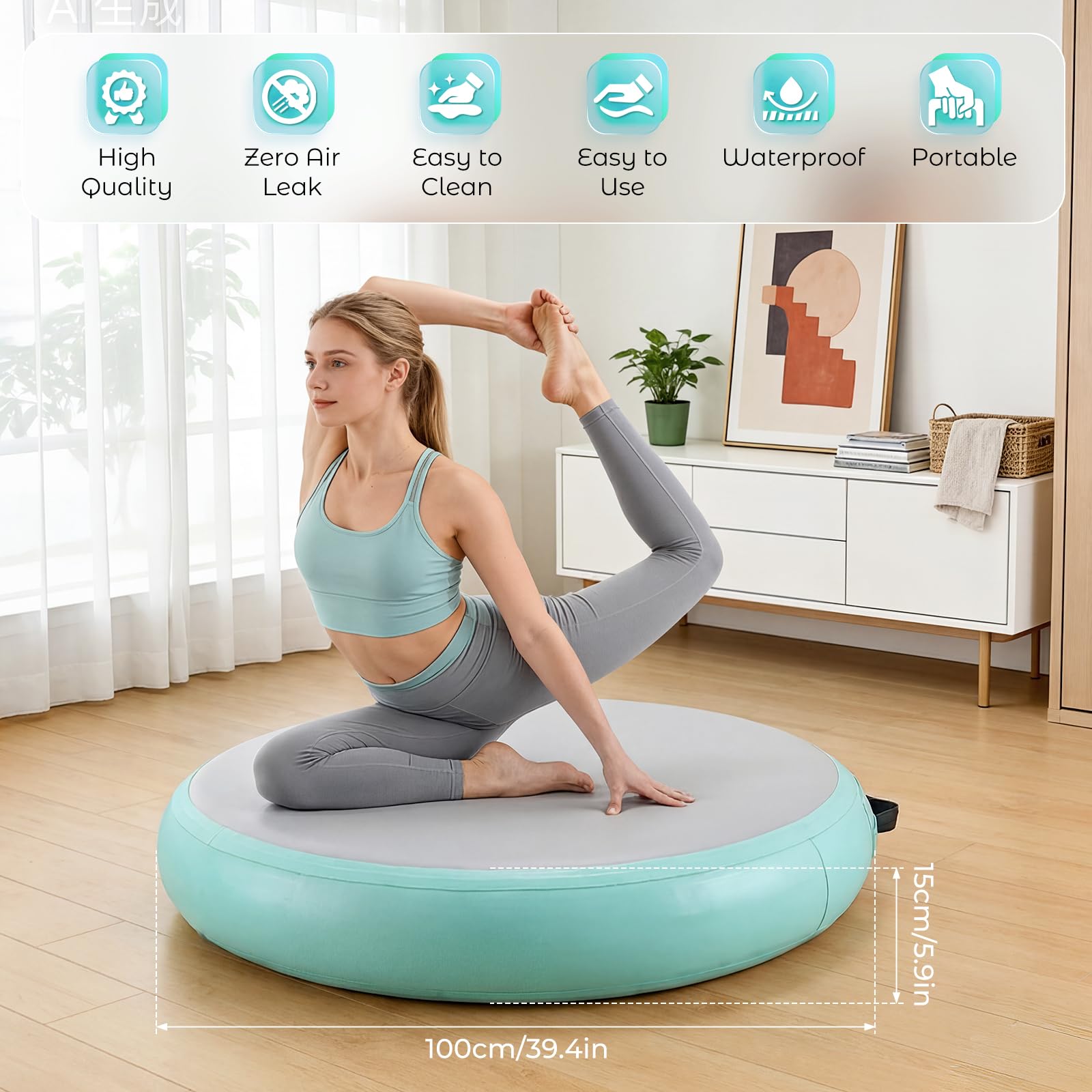 Colchoneta hinchable redonda, 90/100 cm, rollo de aire para gimnasia, material de PVC con 15 cm de grosor, incluye bomba de aire eléctrica