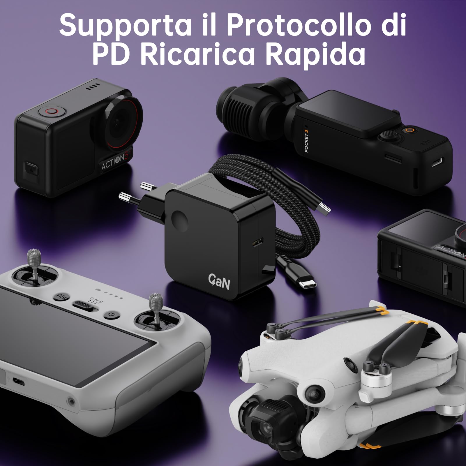 65W GaN PD3.0 Caricatore USB C per DJI Neo 2, Mini 5 Pro/4K/3, Mavic 4/3 Pro/3, Air 3S, Flip, Avata 2; Osmo Action 6/5 Pro/4, Pocket 3/2, Nano, 360, Mobile 8/7P, RC, 67W Caricabatterie per DJI Droni