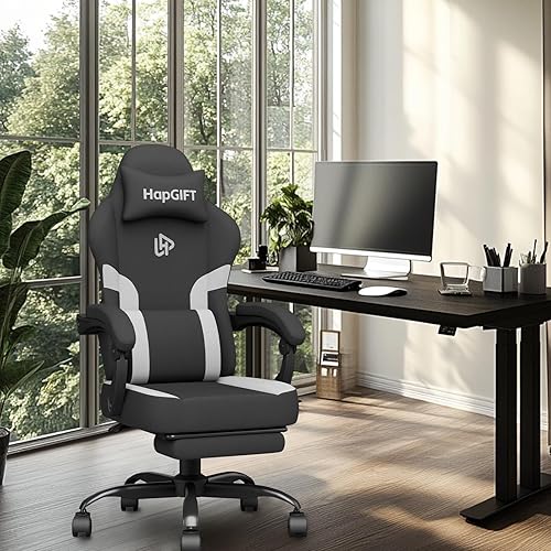 Miniatura 2 de HapGIFT - Silla ergonómica para juegos con reposapiés, silla de computadora con soporte lumbar de masaje, silla de tela tecnológica