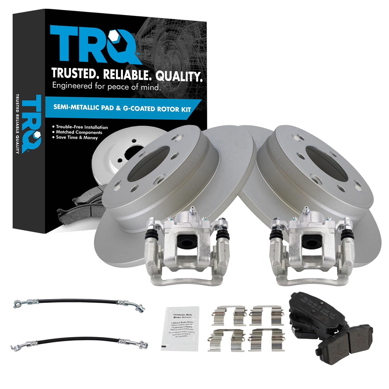TRQ Rear Brake Pad and Rotor Set Semi Metallic Coated Rotors Calipers Compatible with 2015 Hyundai Sonata with Manual Parking Brake