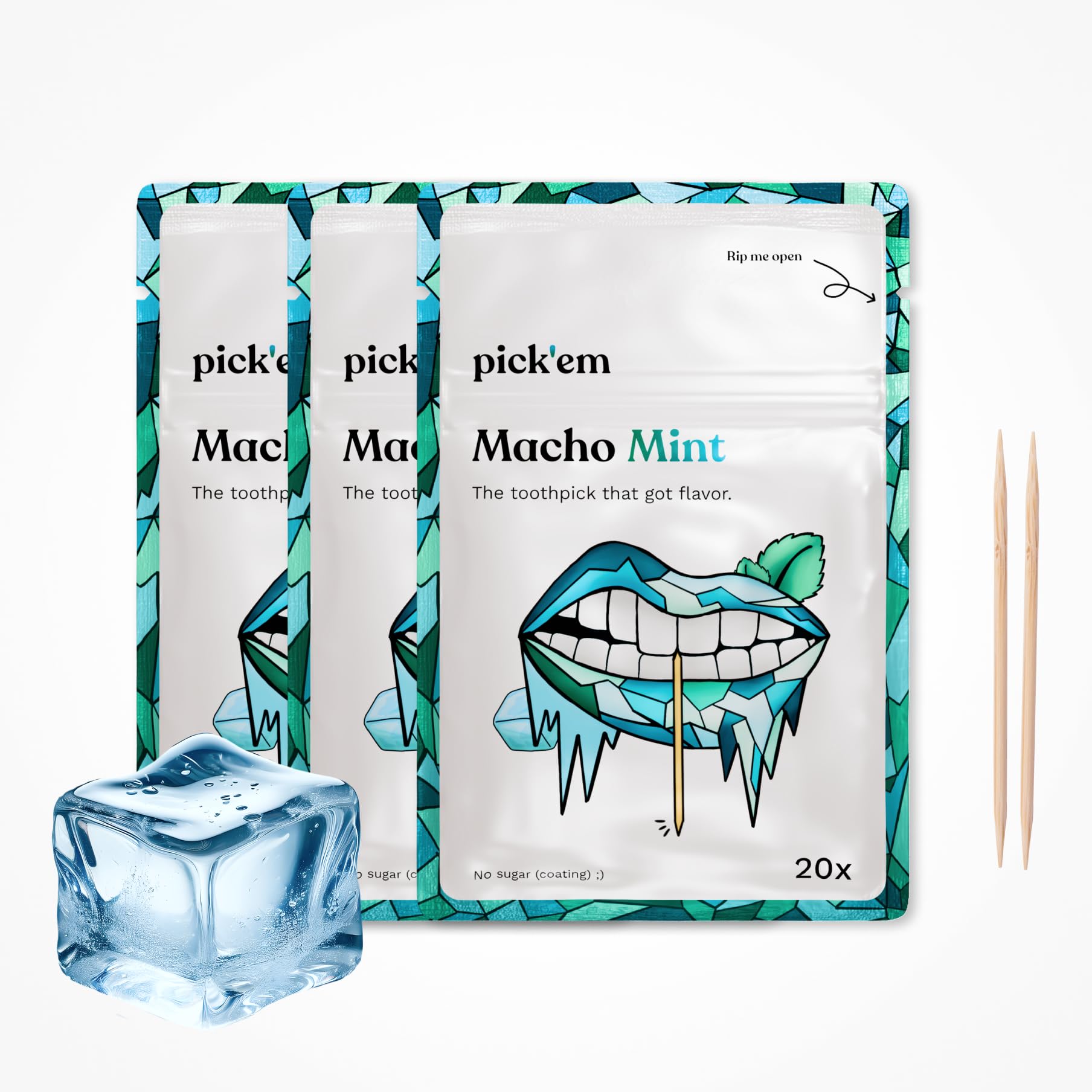 pick'em flavoured toothpicks Macho Mint [TRIPLE PACK] - 60x flavoured toothpicks - the lifestyle alternative to chewing gum (icy & minty flavour) - toothpicks with flavour - toothpicks wooden