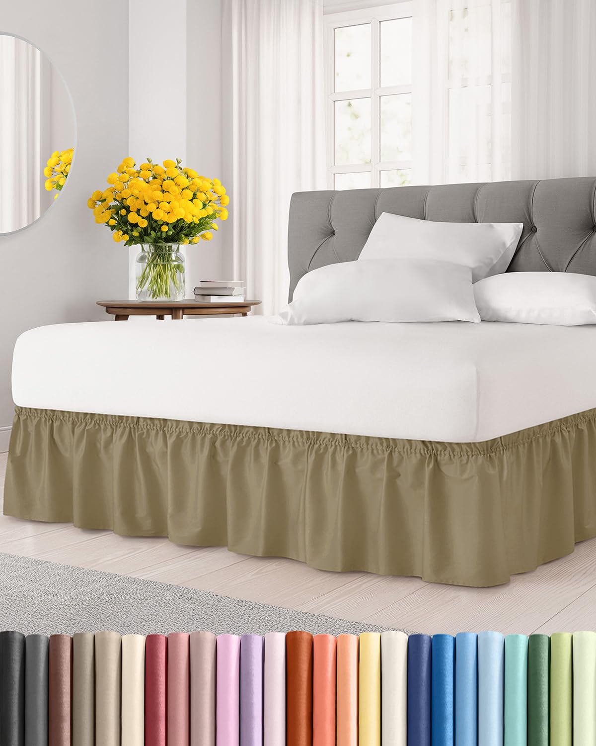 CGK Wrap Around Dust Ruffle Bed Skirt - Full Size, 14" Inch, Khaki