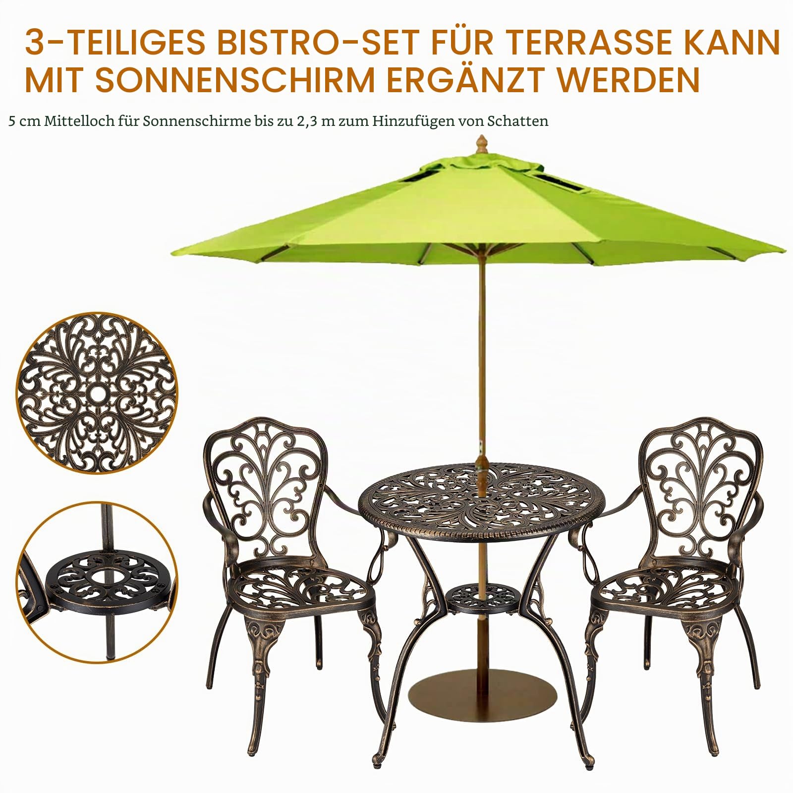 3-teiliges Bistro-Set aus Aluminium-Druckguss – Tisch mit Sonnenschirm-Portal – 2 Stühle wetterfest – ideal für Garten, Terrasse, Balkon, Pool – Farbe Bronze