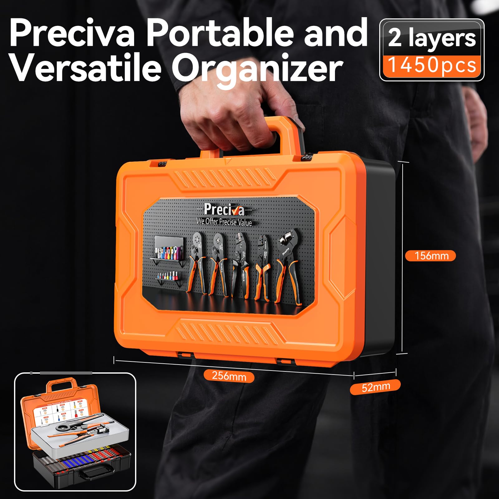 Preciva Crimpadora Terminales con 1450 Punteras Huecas y Pelacables, Alicates Crimpadora Ferrules 0,08-16 mm² Autoajustable con Carraca, Kit Terminales Electricos para Cables