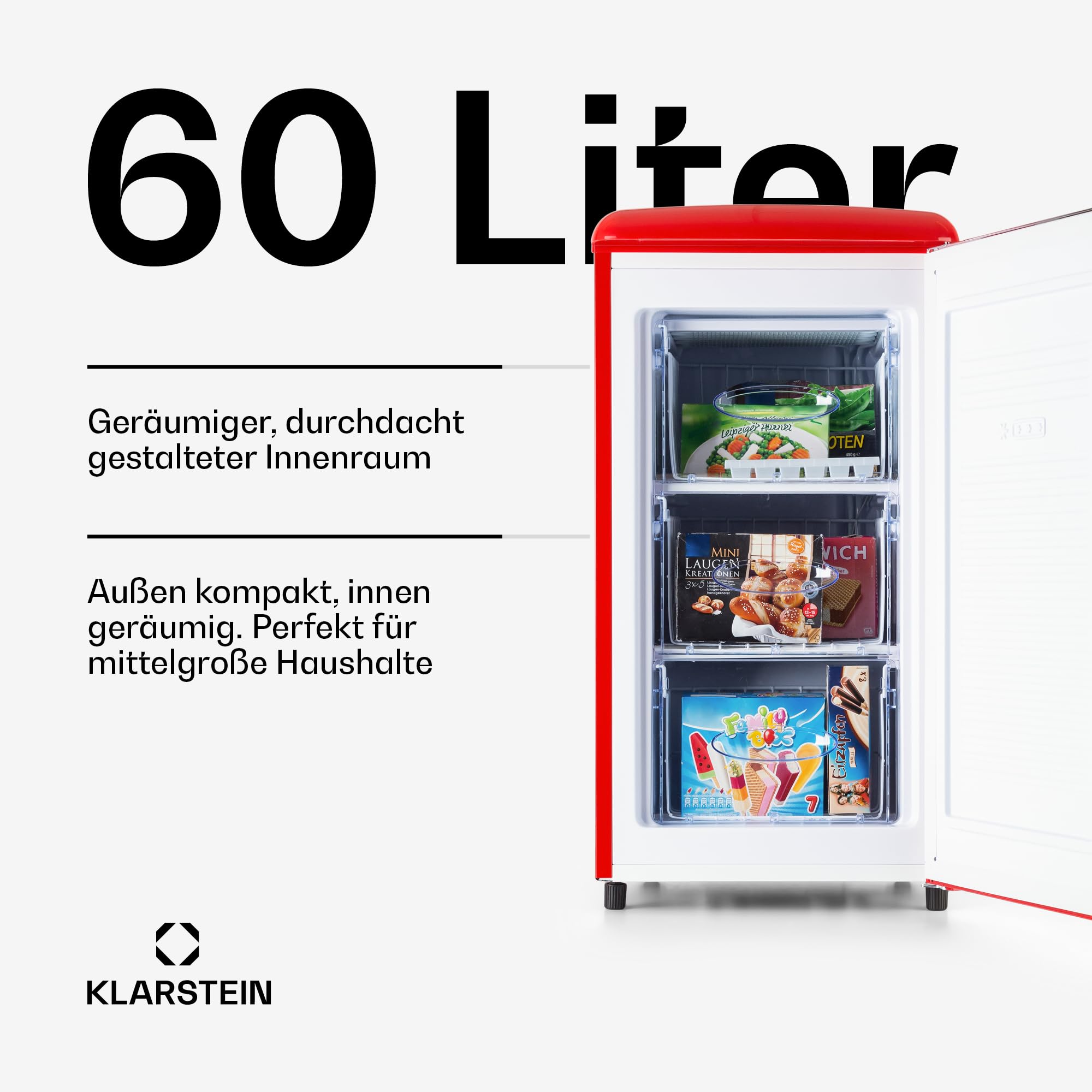 Klarstein Laika Gefrierschrank - 60 Liter Gesamtvolumen, Thermostat mit 5 Stufen, 0 bis -18 °C, 3 Einschübe, freistehend, Retro-Design, rot