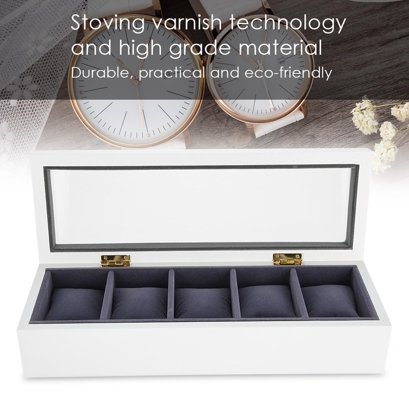Caja de Almacenamiento de Relojes de 5 Rejillas con Almohadas Suaves para Exhibir Relojes y Joyas en un Diseño Elegante para Uso Doméstico o Tienda de (WHITE)
