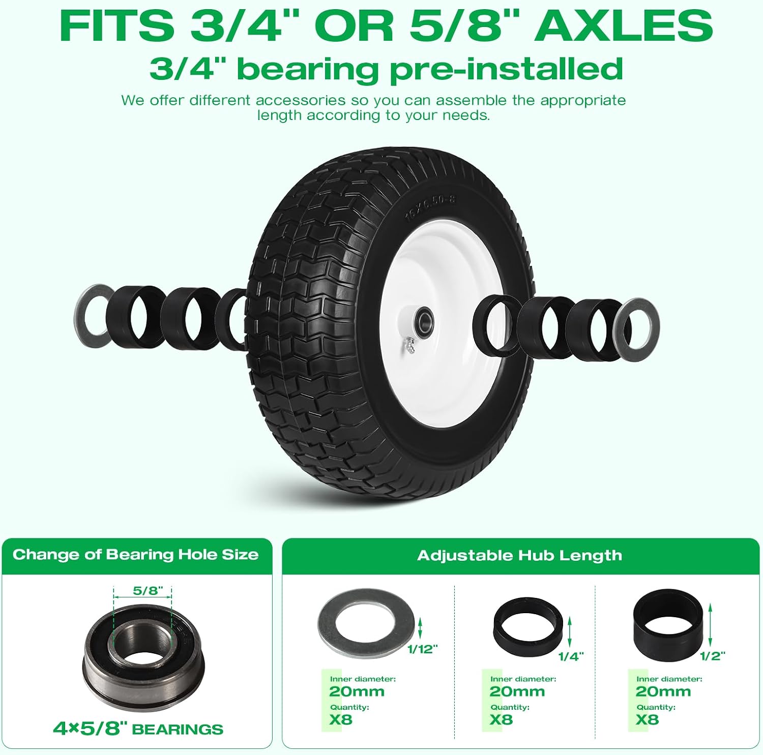 16x6.50-8 Flat Free Lawn Mower Tire Wheels; 2 Packs Non-Slip Puncture-proof Tire for Lawnmowers, Replacement 3/4" & 4 Pcs 5/8" Bearing with 24 Spacers for Zero Turn Mowers 、Garden Tractors Carts