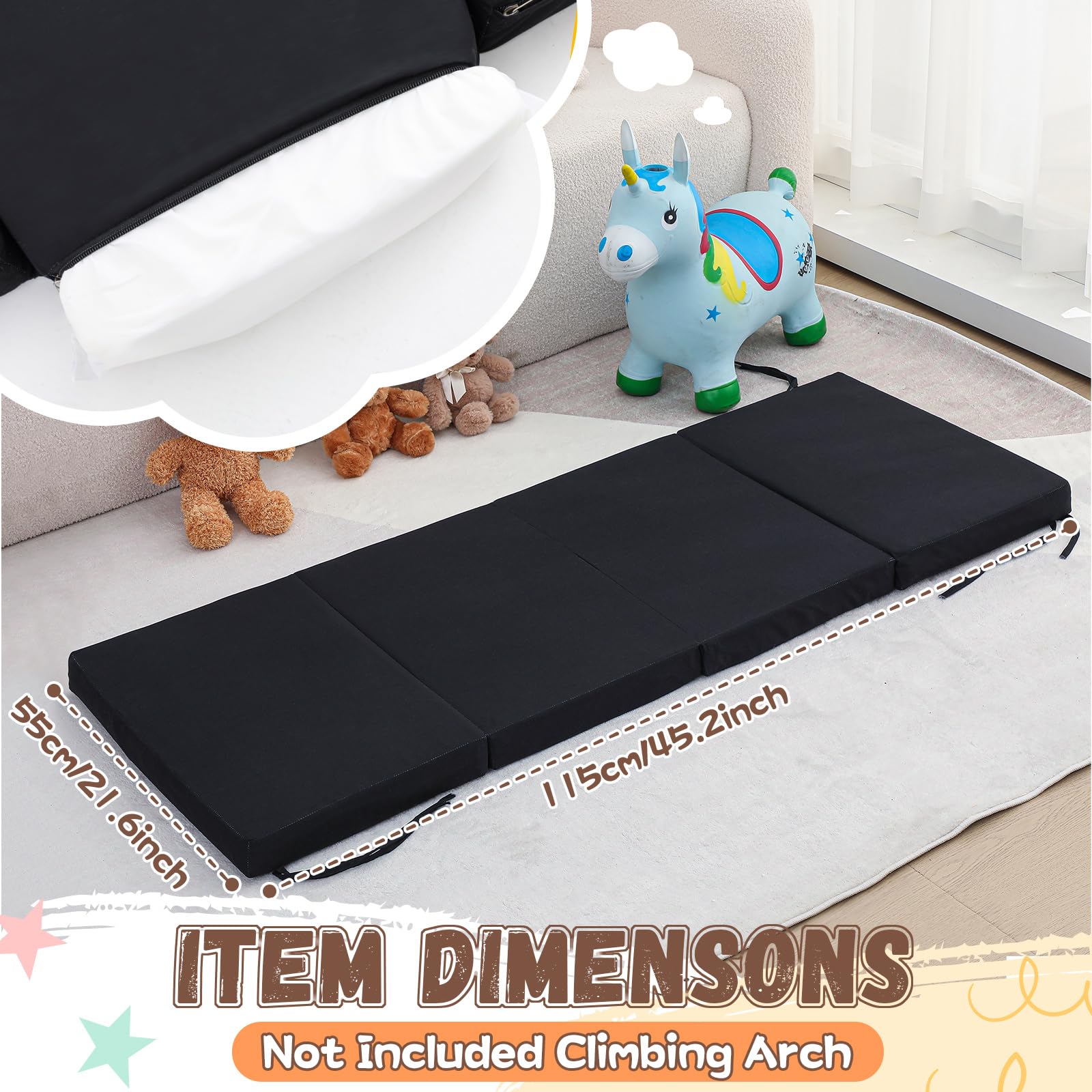 Nuanchu 45.2'' x 21.6'' Black Memory Foam Rocker Bed Pillow for Toddler Kids Climbing Toys, Floor Cushion for Indoor Nursery Playroom (Climbing Arch Not Included)