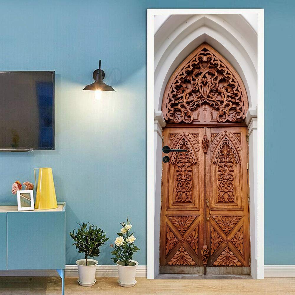 Sticker de porte effet bois sculpté creux, un décor amovible et imperméable