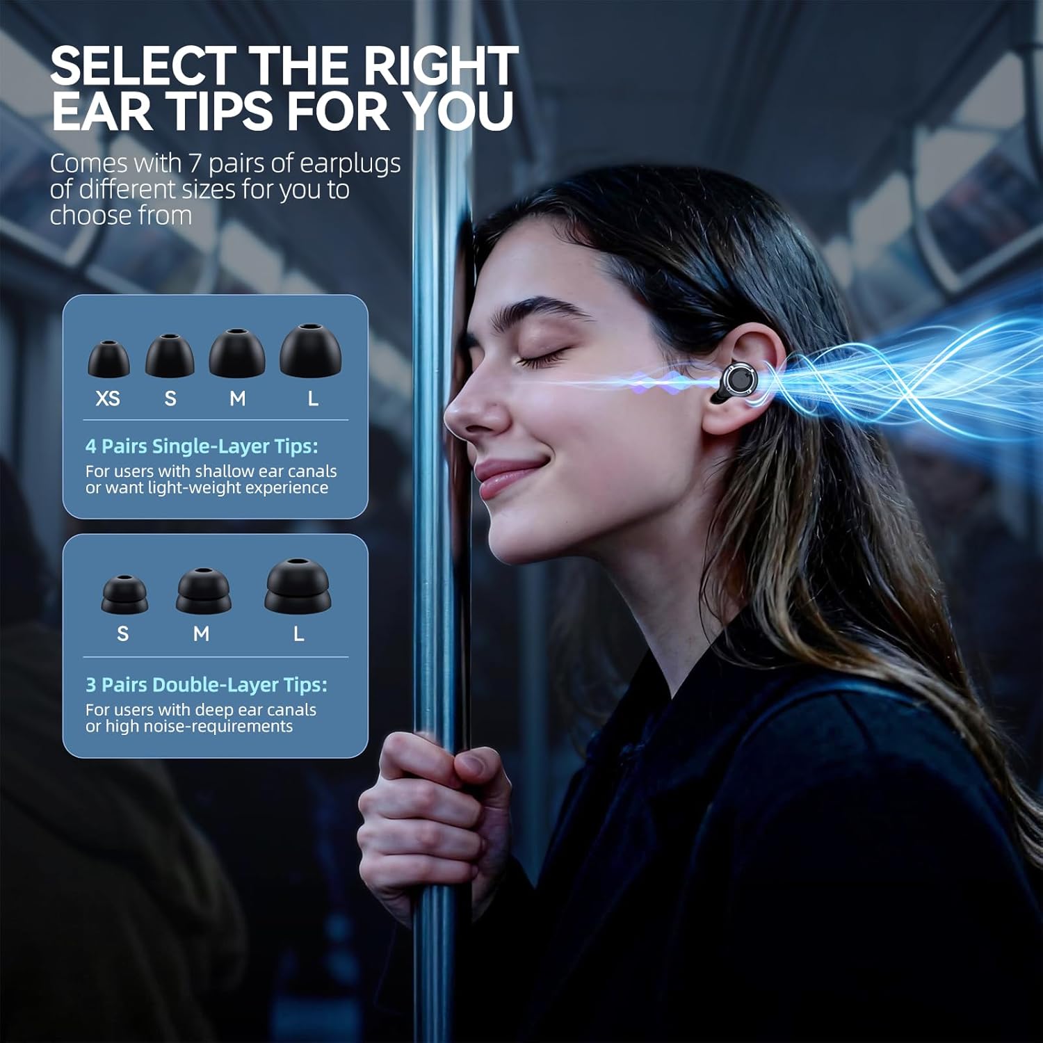 Diagram showing seven pairs of silicone ear tips in various sizes (XS, S, M, L single-layer; S, M, L double-layer) for the WAVEL ear plugs, with an illustration of a person wearing an earplug.