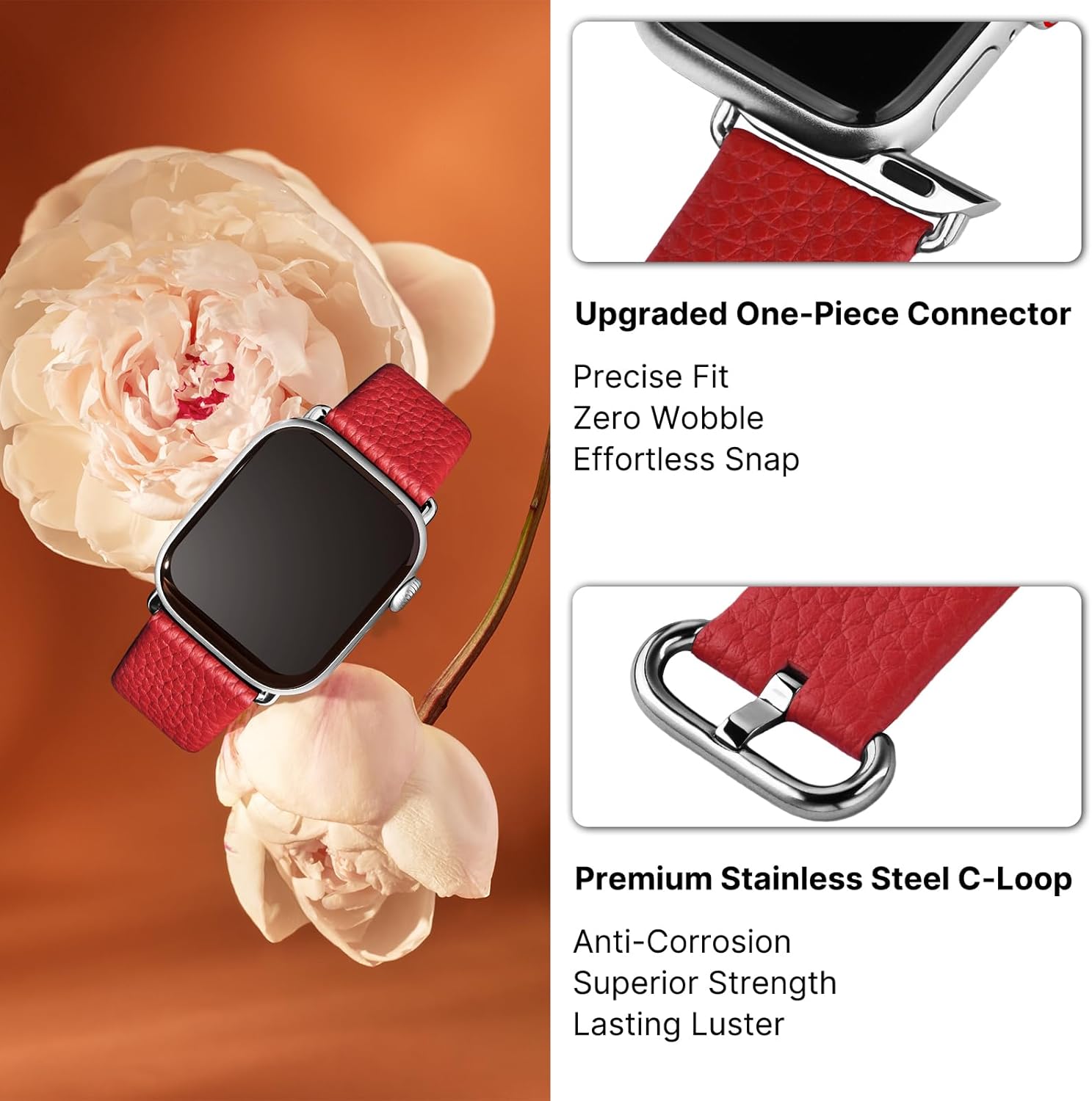 Fullmosa Leather Bands Compatible with Apple Watch Band 41mm 40mm 38mm 42mm 44mm 45mm 46mm 49mm Women Men for iWatch Series 11/10/9/8/7/6/5/4/3/2/1,Ultra3/2/1,SE3/2/1, 42mm 41mm 40mm 38mm, Red/Silver - Image 6