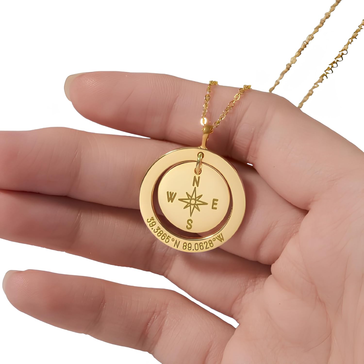 Engraved Compass Necklace for Women – Custom Coordinates Pendant in Silver, Gold, or Rose Gold – Inspirational Gift for Traveler, Minimalist Adventure Jewelry for Her