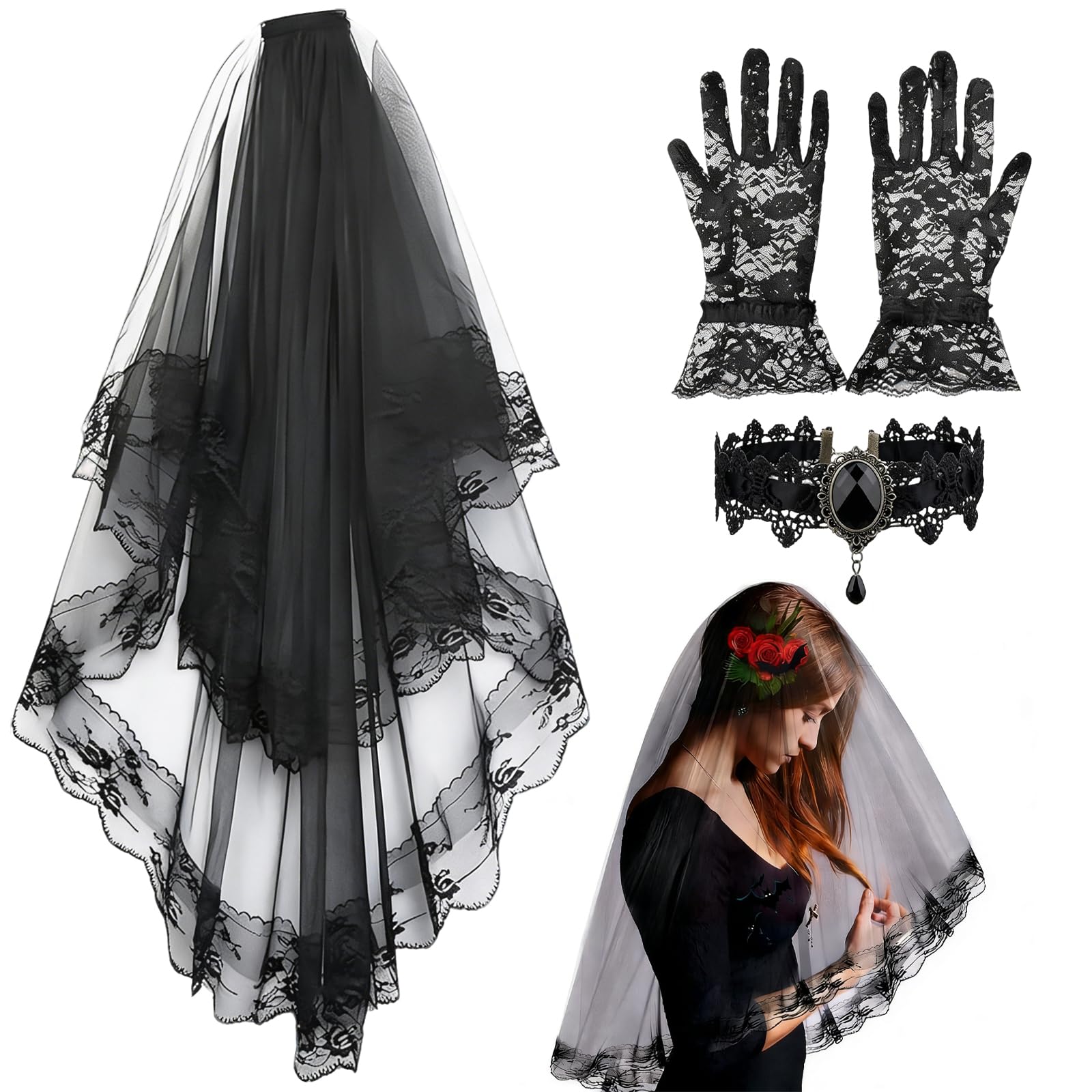 WZHHDM Black Veil Brides, Funeral Veil, 3PCS Mantilla Lace Hair Net Veils