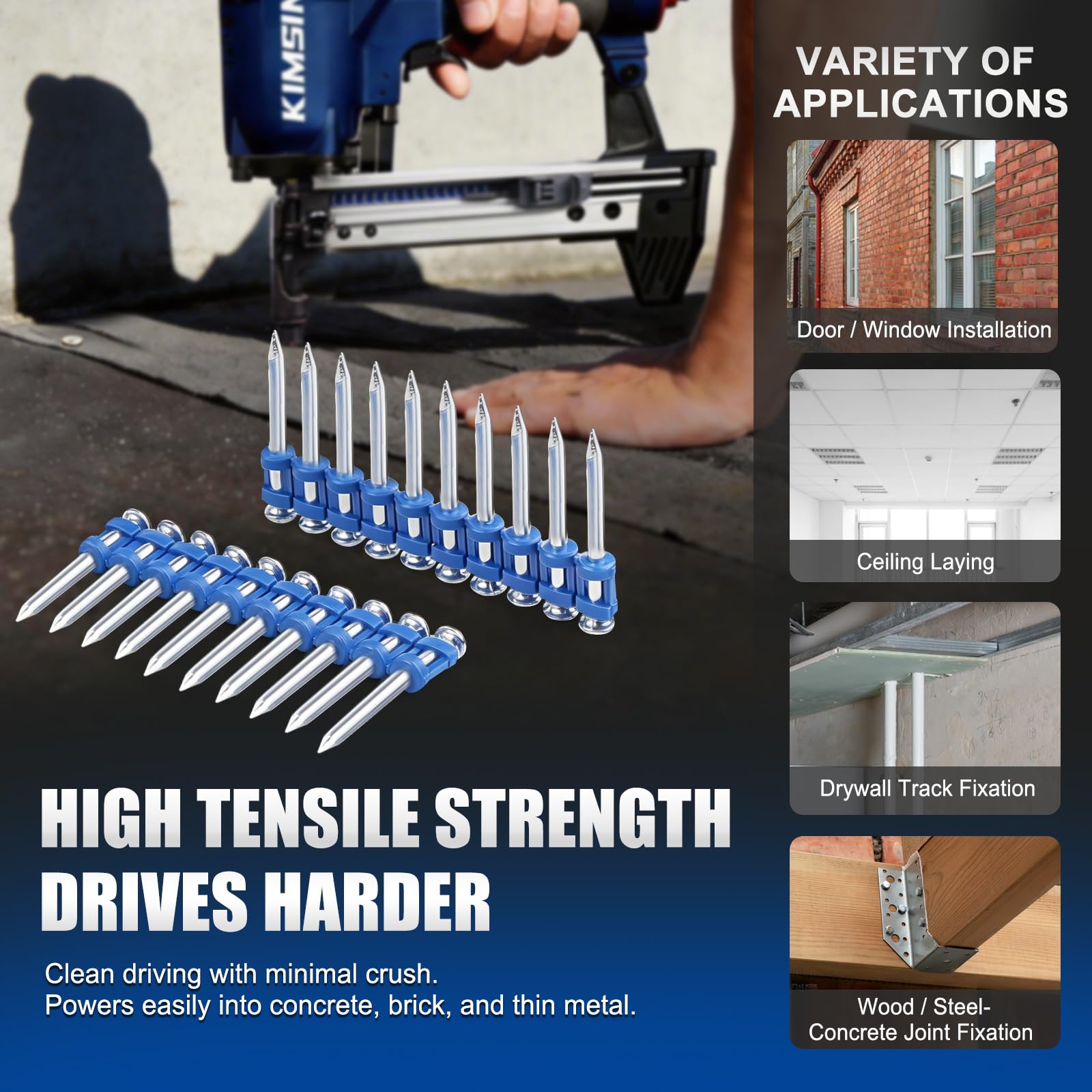 KIMSING MTSD-38 12GA clous pour béton 38mm 1000 pces pour portes | Galvanizado grueso anticorrosión, tira plástica para carga fácil, 38mm, para puertas, ventanas y techos