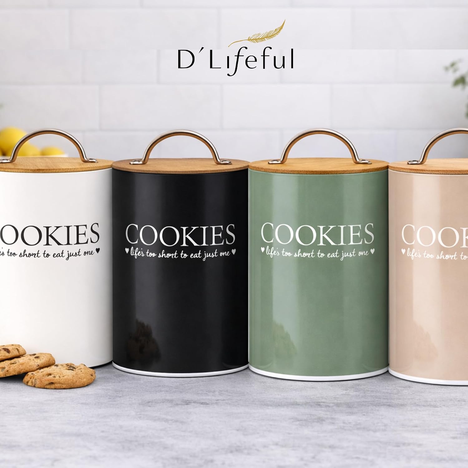 D'Lifeful Cookie Jar with Airtight Bamboo Lid – 1.1 Gallon Cute and Decorative Cookie Storage for Kitchen Countertop – Farmhouse Storage Tin for Freshness – Great Gift Idea (Off White)