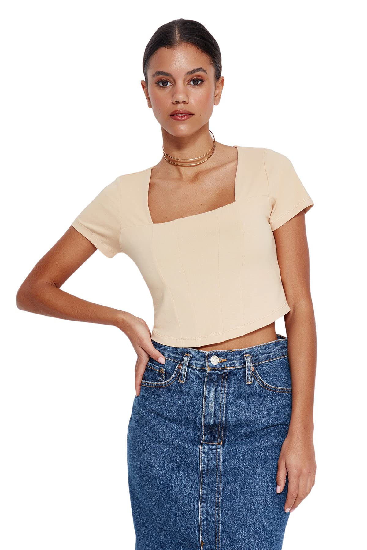 Trendyol Women Fitted Basic Square Collar Knit Blouse,Stone,M