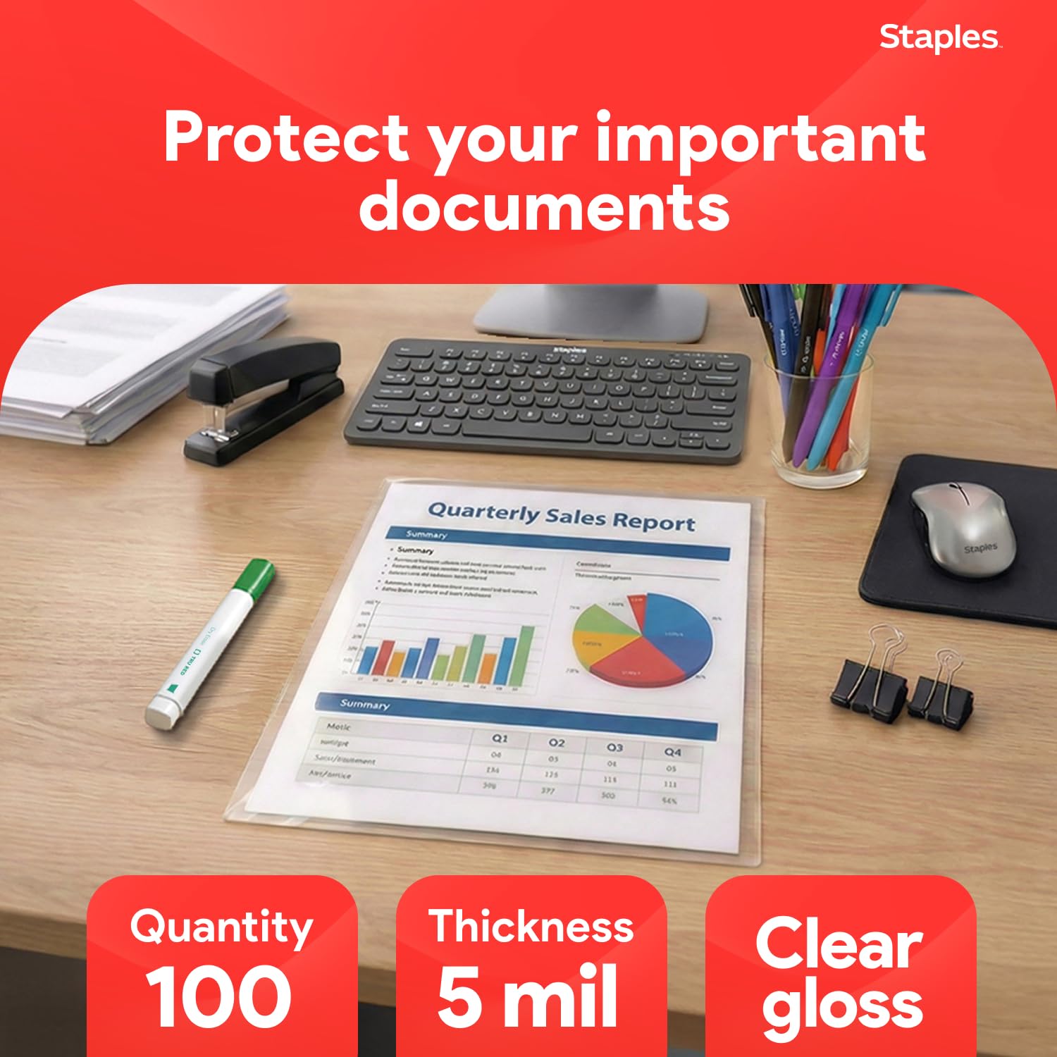 Staples Letter Size Thermal Laminating Pouches, 5 mil, 100 pack