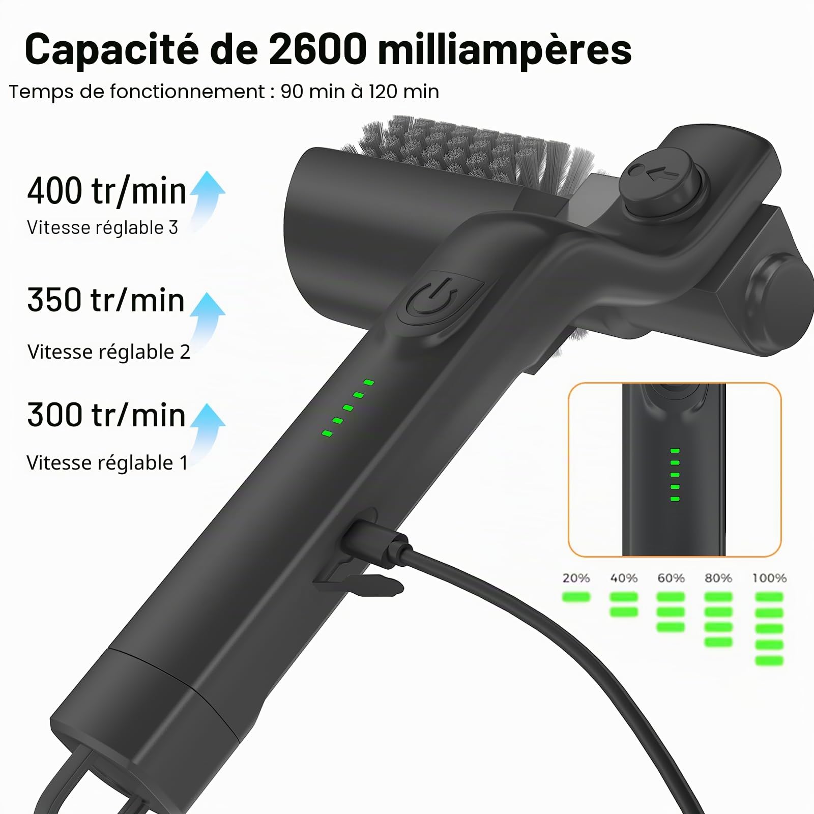 Brosse à barbecue électrique, nettoyeur BBQ sans fil avec tête réglable à 180°, nettoyage en 3 étapes, brosse à mailles 2-EN-1 pour barbecue avec batterie, IPX7 étanche, tête de brosse en acier