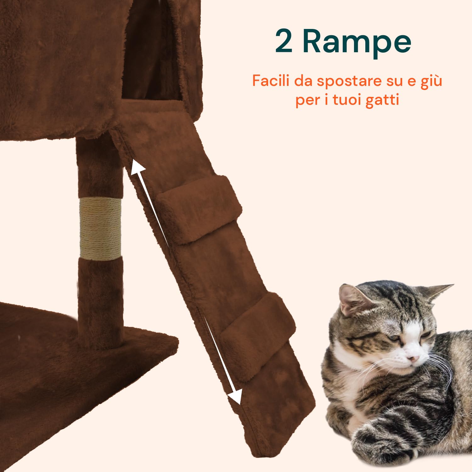 Tiragraffi XXL 170cm con Doppia Cuccia per Gatti Adulti, Albero Giochi in Sisal e Peluche, Piatteforme Relax, Ampio e Sicuro per il Massimo Divertimento dei Gatti Marrone
