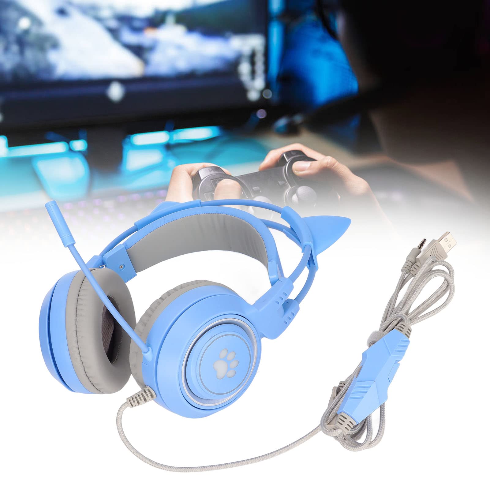 Cuffie da Gioco Cat Ear, Driver da 50 MM Surround Ear Design con Cancellazione Del Rumore Spina per Microfono Cuffie da Gioco con USB e Spina da 3,5 MM, 20Hz‑20KHZ Microfono Muto per PC(Blu)