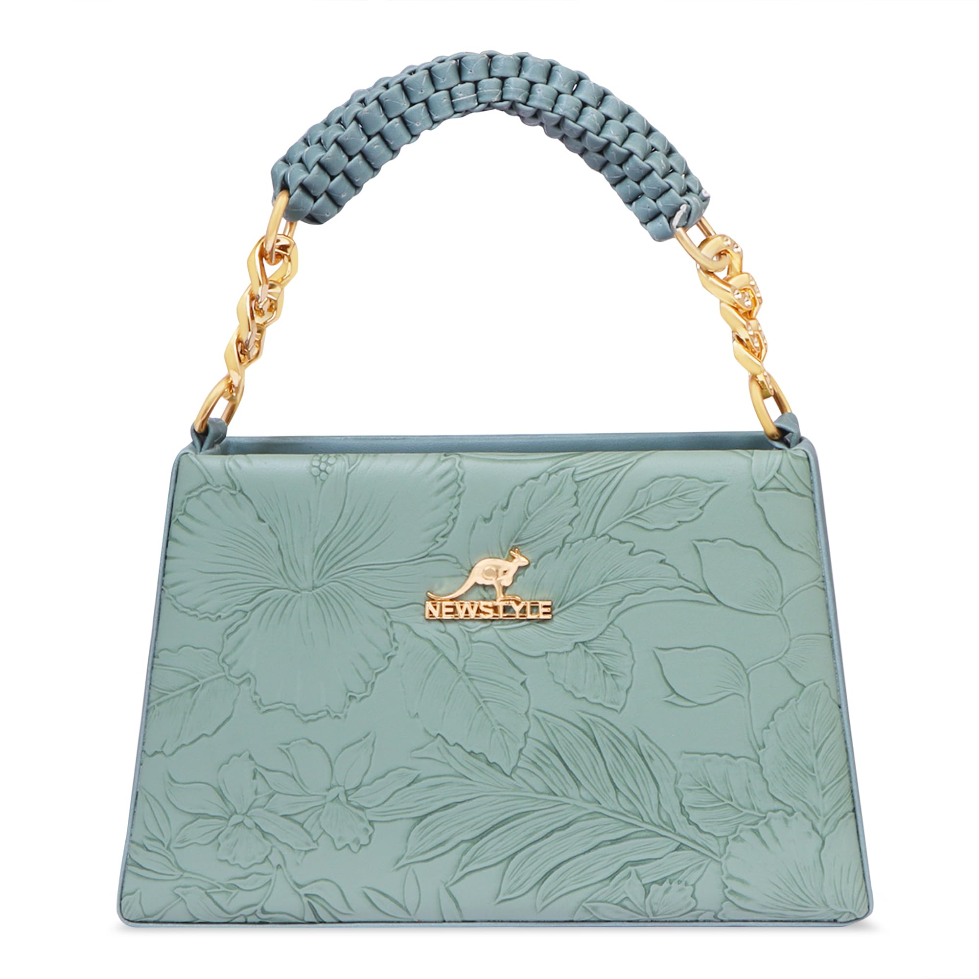 Woven Leather Handbag with Floral Embossing and Detachable Chain Strap-image-17
