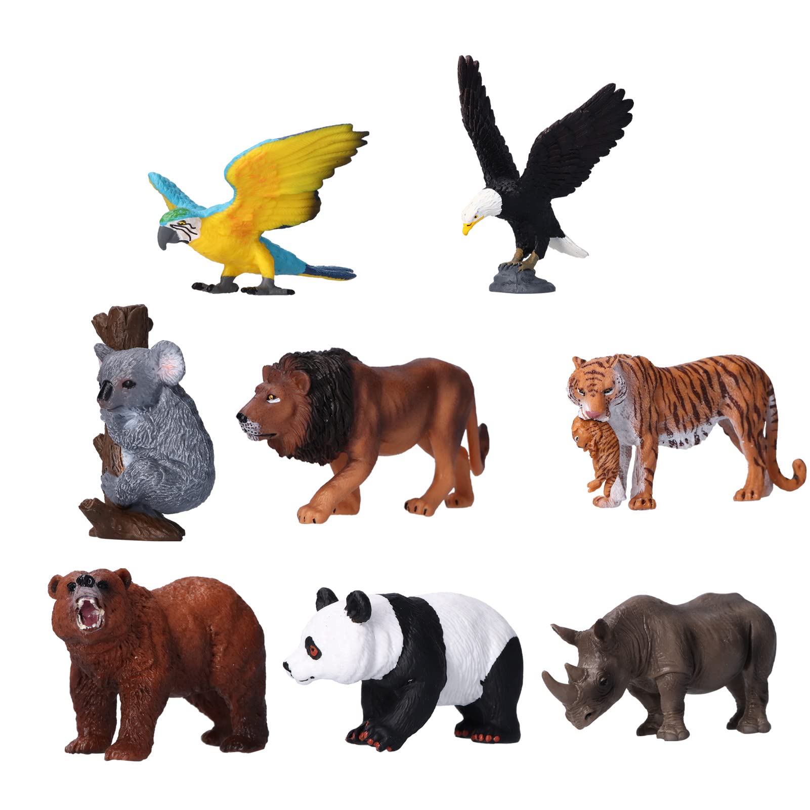 8 Piezas Figuras de Animales Salvajes Juguetes de plástico Animales de la Selva Conjunto de Juguetes con Tigre Koala Panda Guacamayo simulación educativa Safari para Bosque
