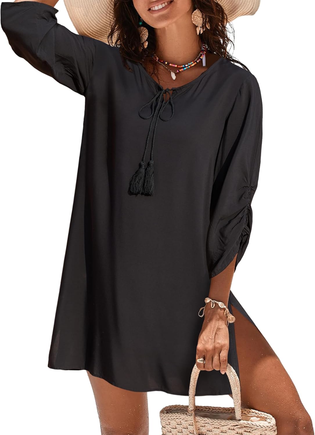 Zeagoo Womens Boho Dresses Casual Beach Summer Dress Tassel Tie Neck 3/4 Long Sleeve Mini Sundress 2026 Floral Print Cover Up