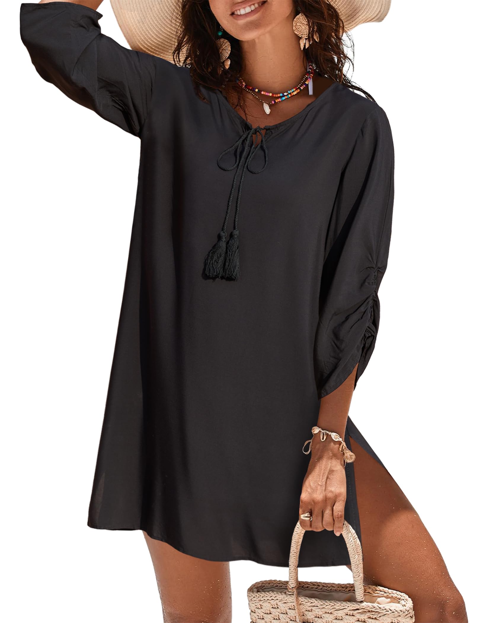 Zeagoo Abiti da donna Boho Casual Beach Summer Dress Nappa Tie Neck 3/4 Manica Lunga Mini Sundress 2025 Stampa Floreale Cover Up