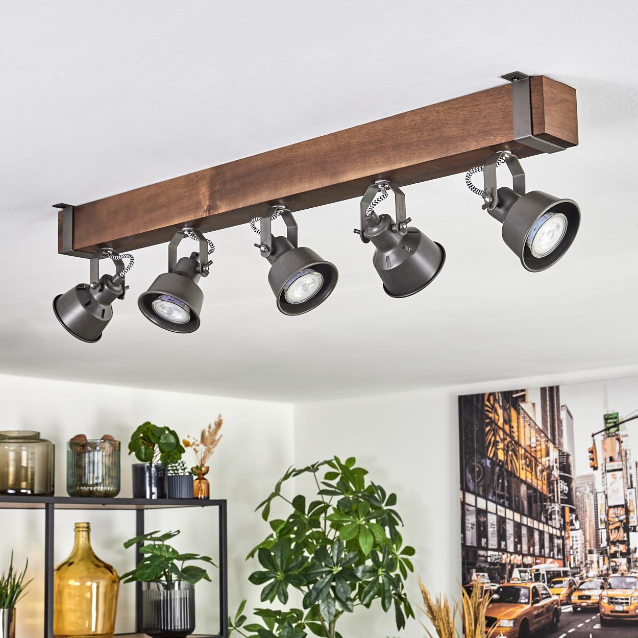 Plafonnier Pehefito de HOFSTEIN, à 5 ampoules en métal/bois gris/marron foncé, luminaire orientable au design industriel/rétro/vintage avec poutres en bois, GU10, salle à manger, salon, cuisine