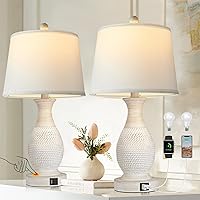 PARTPHONER Set of 2 Retro Bedside Table Lamps, 3-Way Touch Dimmable with USB C+A Ports, White Fabric Shade & LED Bulbs Included