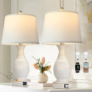 PARTPHONER Set of 2 Retro Bedside Table Lamps, 3-Way Touch Dimmable with USB C+A Ports, White Fabric Shade & LED Bulbs Included