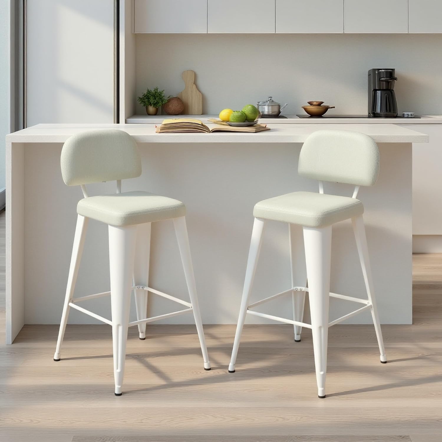 24 Inch Metal Bar stools Set of 2, Upholstered Bar Stools with Removable Back & Metal Legs, Industrial Barstools for Kitchen Island, Cafe (Beige Seat, White Legs)