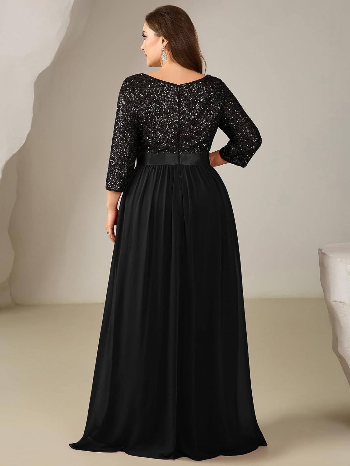 Ever-Pretty Plus Women's Sequin Chiffon Plus Size Formal Evening Dresses Long Sleeves Maxi A-Line Mother of Bride Dress - Image 2