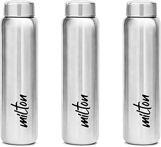 MILTON Aqua 1000 Stainless Steel Water Bottle 920 ml, Set of 3, Single Walled, ISI Certified I Leak Proof Lid, Rust Proof I For School, Office, Gym I Silver