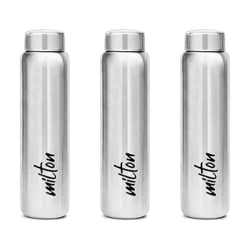 MILTON Aqua 1000 Stainless Steel Water Bottle 950 ml, Set of 3, Single Walled, ISI Certified I Leak Proof Lid, Rust Proof I For School, Office, Gym I Silver - image, photos
