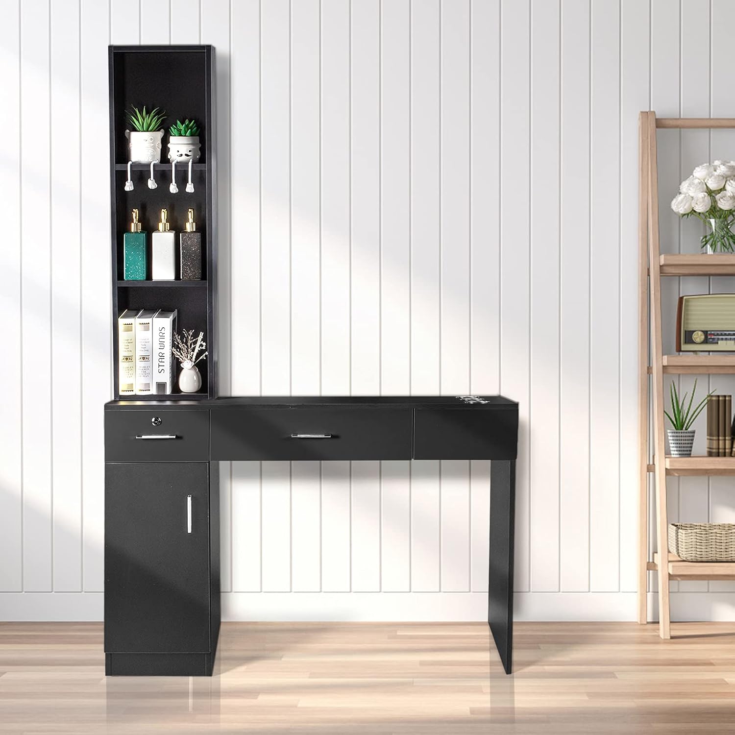 Salon Stations for Hair Stylist, Wall Mount Styling Station with Left Shelf, 2 Drawers & Cabinet, Locking Barber Station, Hair Spa Salon Equipment, Beauty Storage Cabinet for Home - Black : Beauty & Personal Care