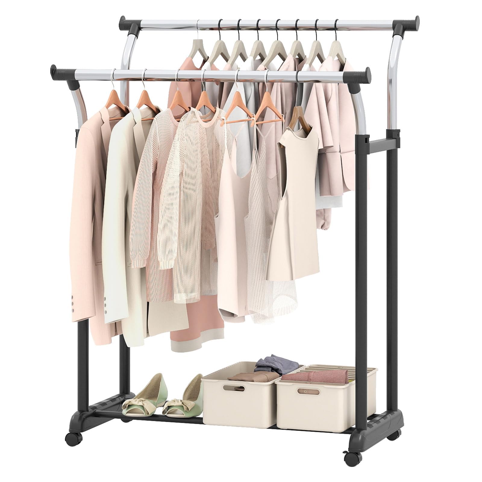 RELAX4LIFE Stand Appendiabiti con Ruote, Doppia Asta in Metallo con Altezza o Larghezza Regolabile, 4/6 Ruote Girevoli con 2 Bloccabili, Appendiabiti Robusto e Portatile, 87,5x51x106-175cm (Stile2)