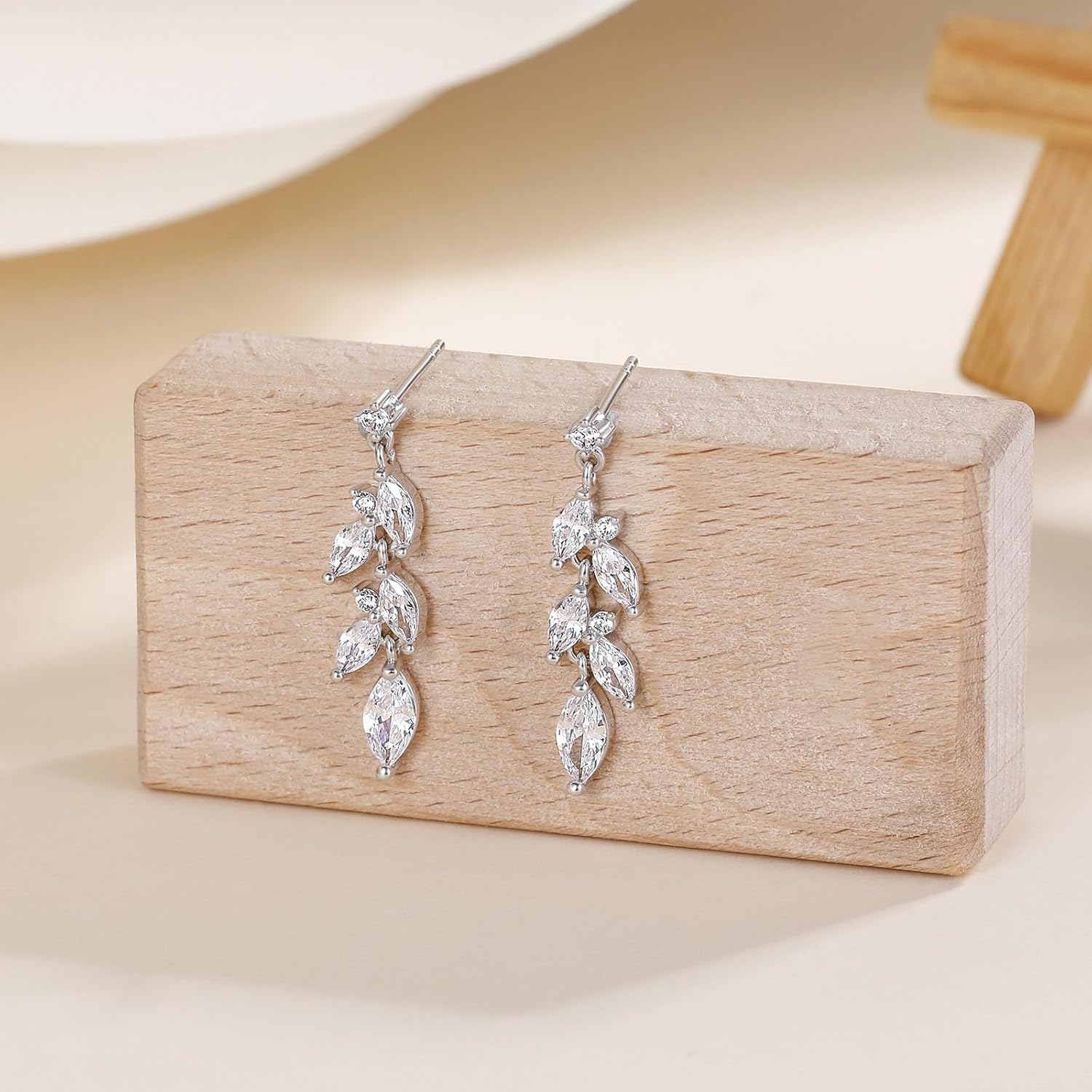 EAMTI Marquise Wedding Earrings for Brides Bridesmaid Cubic Zirconia Leaf Dangle Sterling Silver Posts Earrings for Women 14K Gold Plated - Image 4
