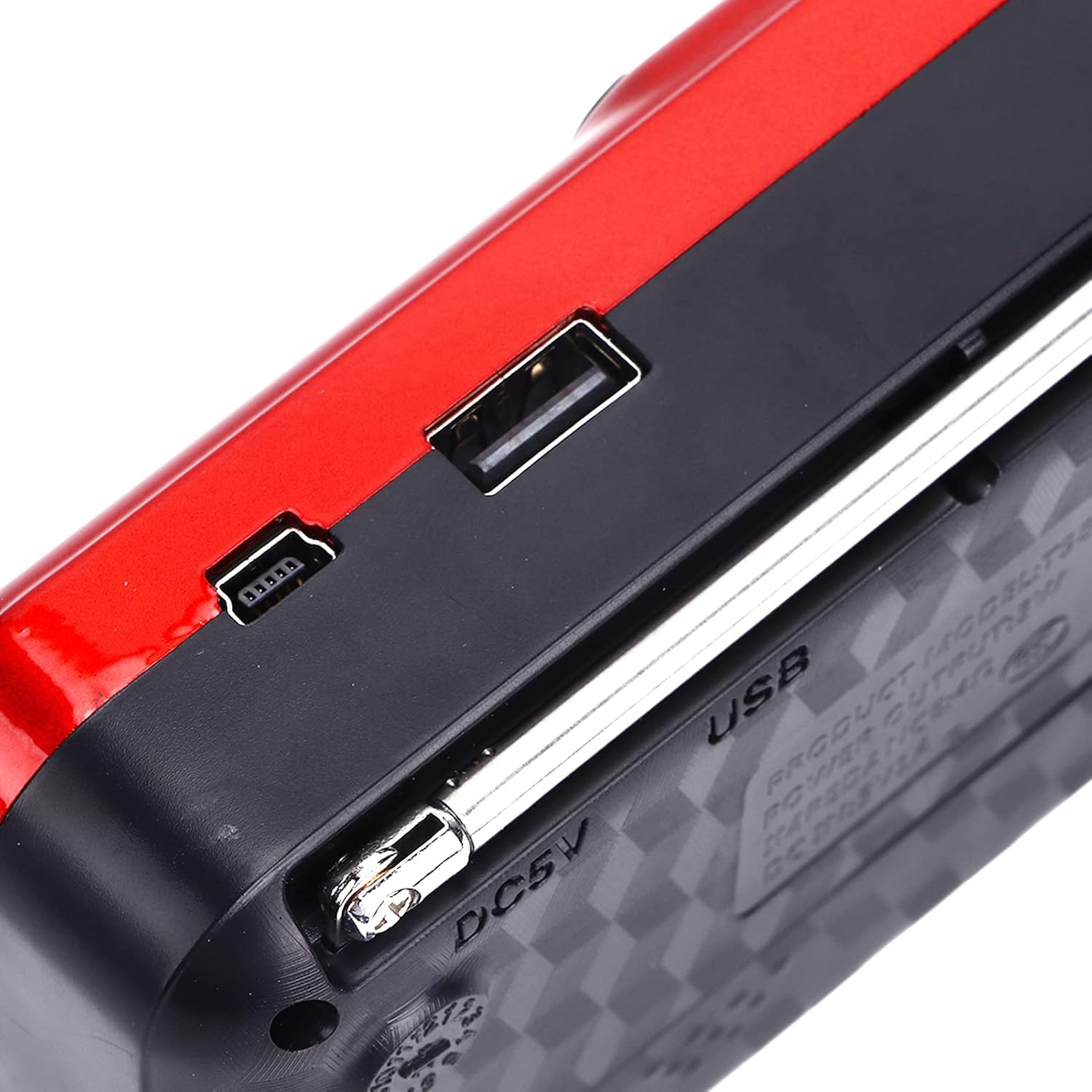 Врх view of the radio showing USB and charging ports