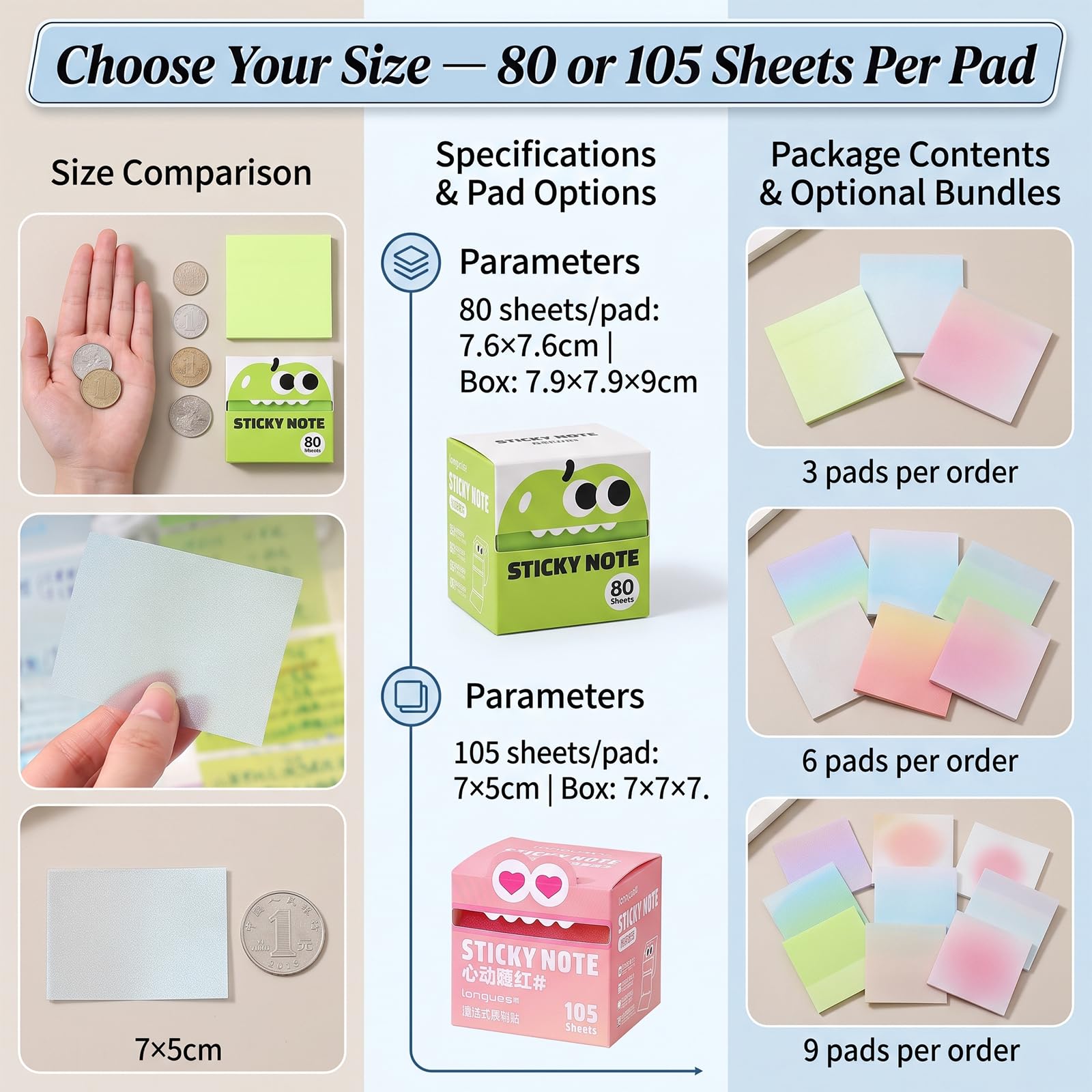 Glitter Sticky Notes in Box Dispenser with Cartoon Pattern (108 Sheets-6 set-a)