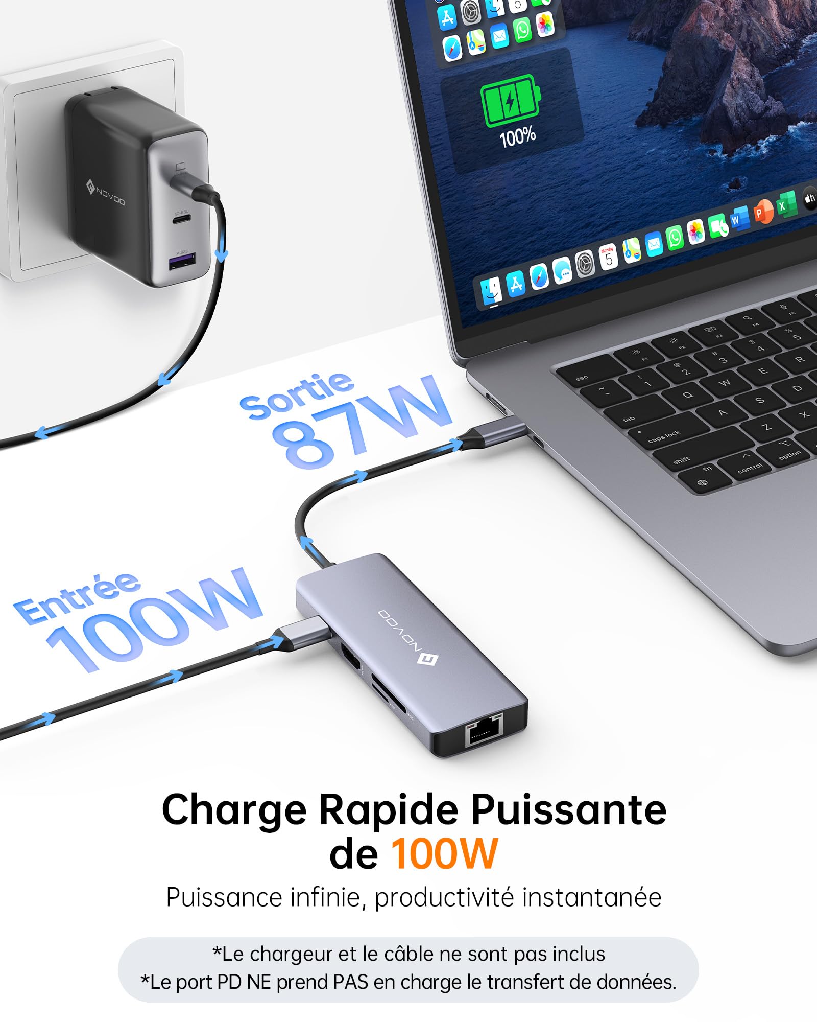 NOVOO Koncentrator USB C do Ethernet, 8 w 1, USB C na HDMI 4K, 100 W PD, USB C 3.0, USB A 3.0, Multiport SD/TF do MacBooka Pro Air M2 M1 Surface iPad Galaxy HP