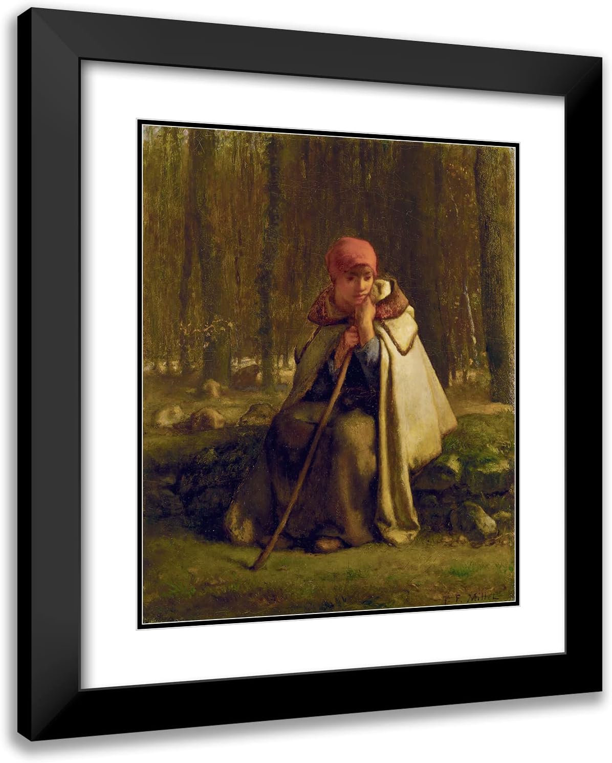 ArtDirect Jean-François Millet 15x18 Black Modern Frame and Double Matted Museum Art Print Titled - Seated Shepherdess (C. 1852)