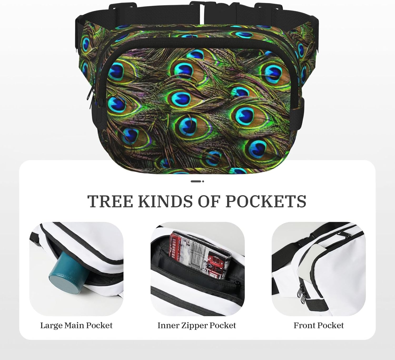 Peacock Feather Print Fashion Waist Packs Square Layer Waist Bag Black Belt Bag with Adjustable Strap