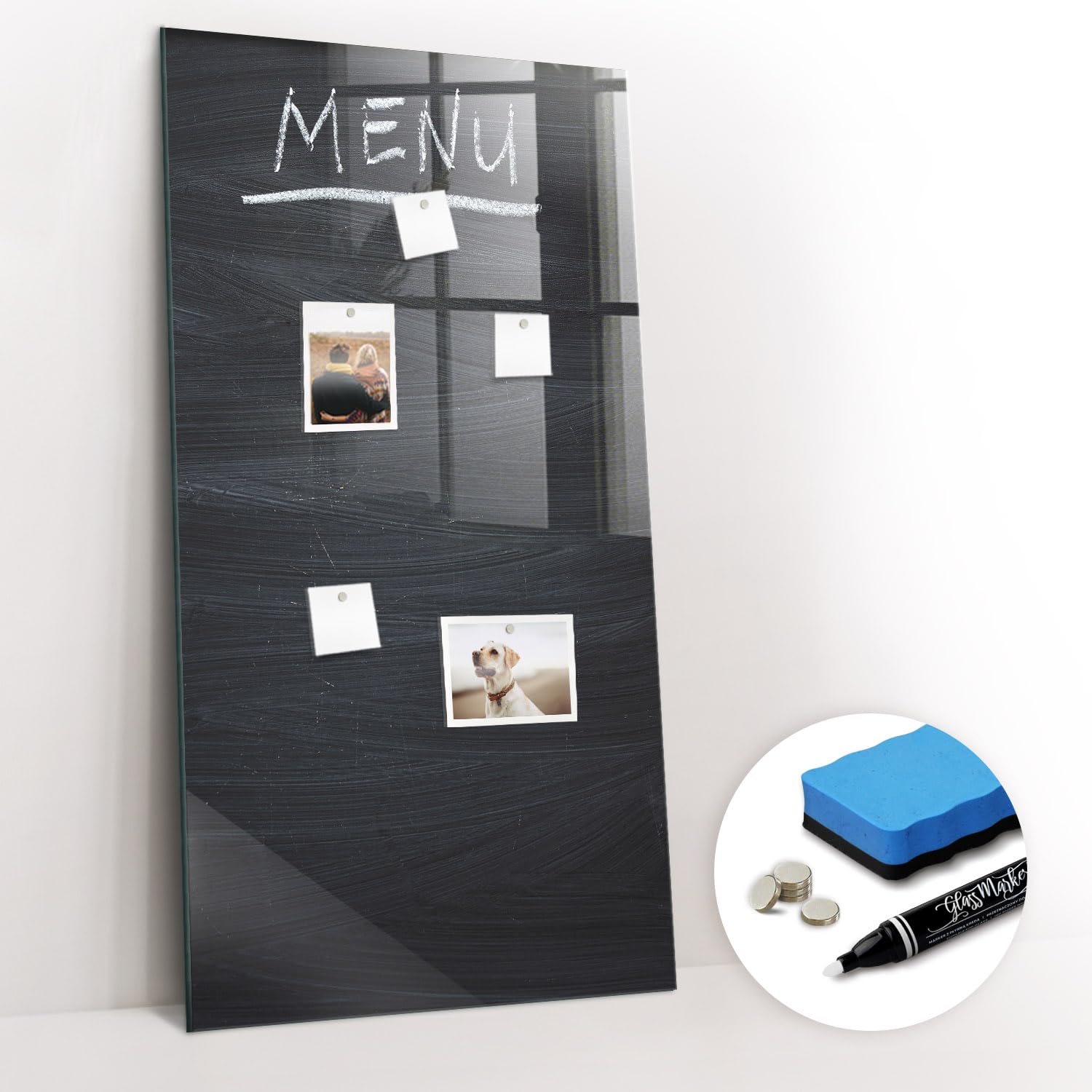 Pizarra de cristal magnética vertical sofisticada | Incluye imanes fuertes, rotulador y borrador | Ideal para decoración y organización - 60x120 - Tablero de menú
