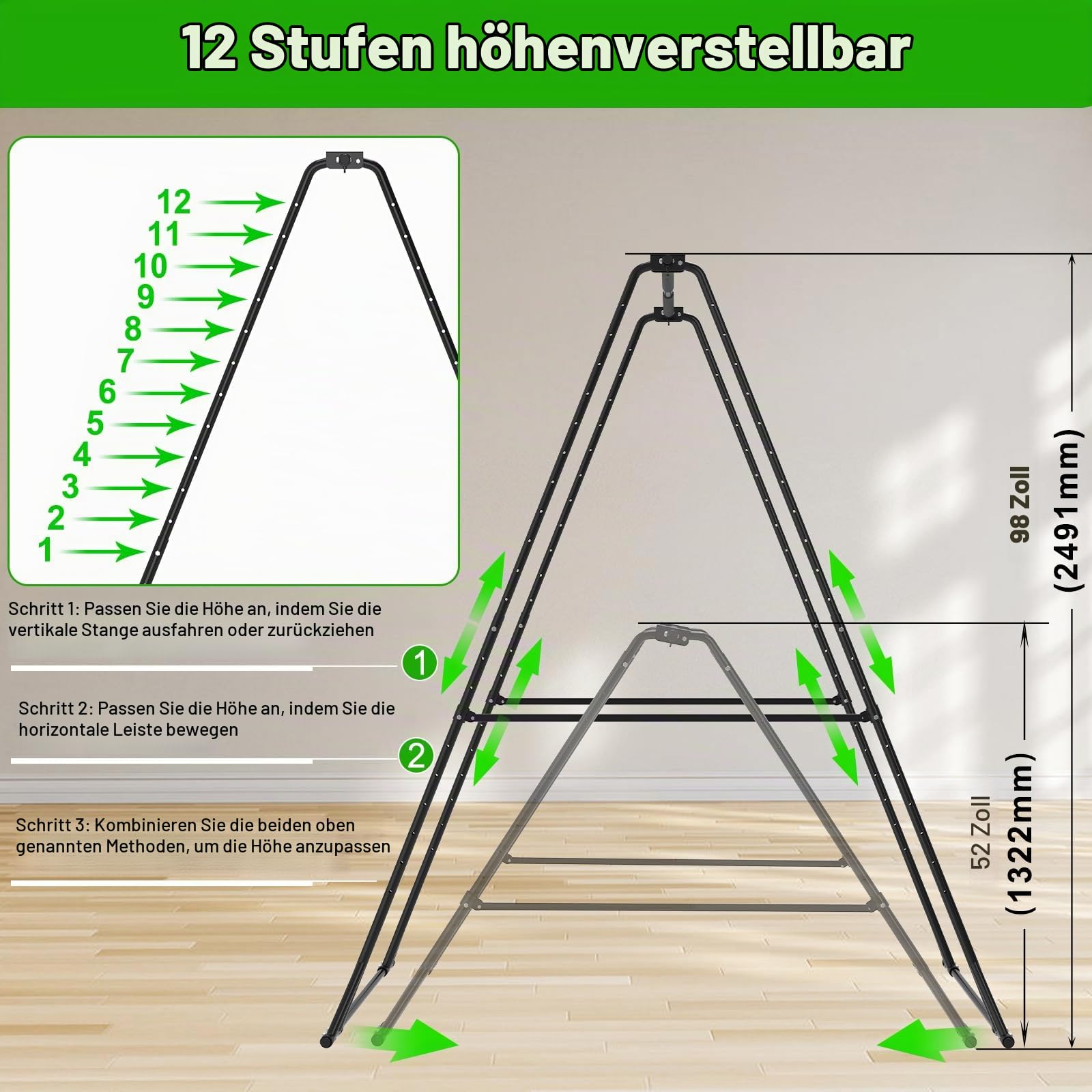 Kipika Klappbare Klimmzugstange, Aerial-Yoga-Gestell & Rahmen für Hängesessel, Höhenverstellbar, Stabil & Langlebig für Innen & Außen, Zuhause, Gym