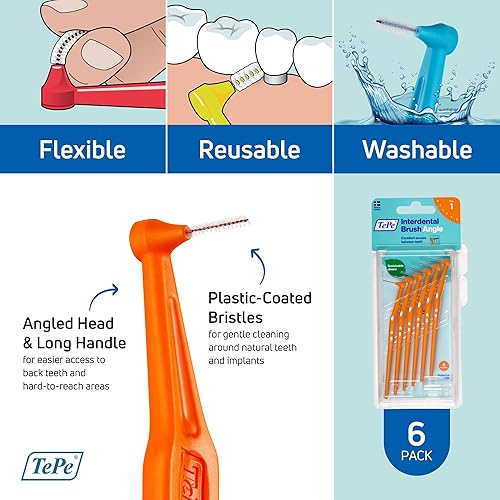 Miniatura 5 de TePe Cepillo interdental, ángulo de cepillo dental en ángulo para limpieza de dientes, paquete de 6, 0.018 in, huecos extra pequeños/pequeños