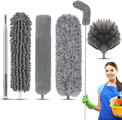 5PCS Microfiber Duster with 30 to 100 Inch Stainless Steel Extension Pole, Telescopic Bendable Duster with Detachable Brush, Washable Dusters for Cleaning, Ceiling Fan, Blinds, Car, Furniture